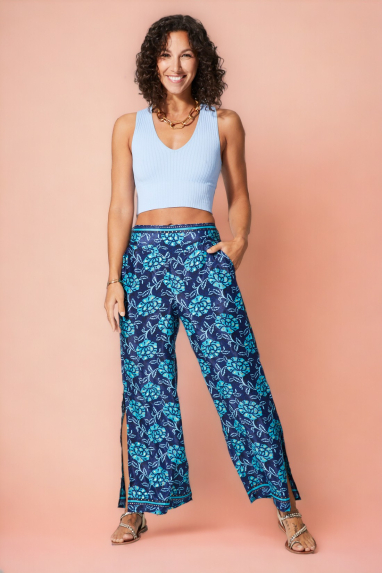 Pantalon azul con flores de corte derecho - PIP2003D